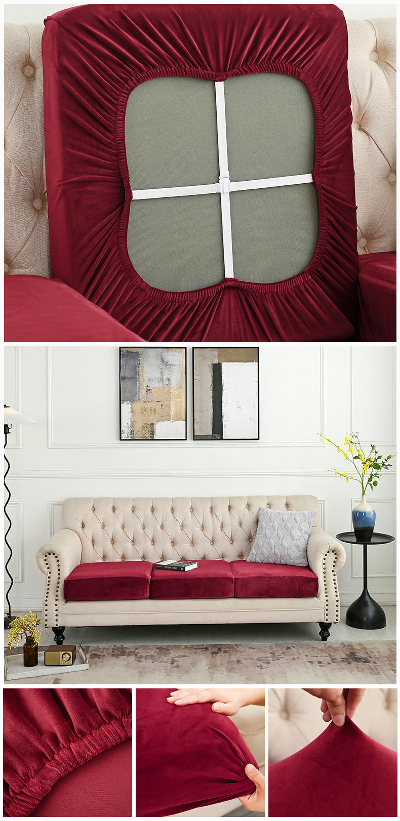 Claret sofa cover with padded oval window cutout and full-seat drape