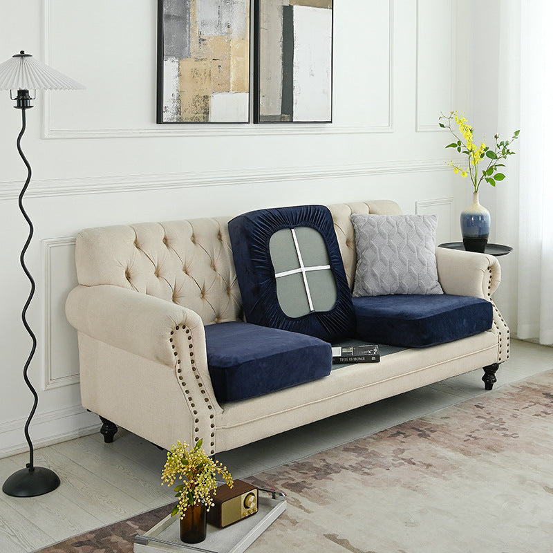Navy sofa cover set with full-back fitted design and cutout for seat cushions