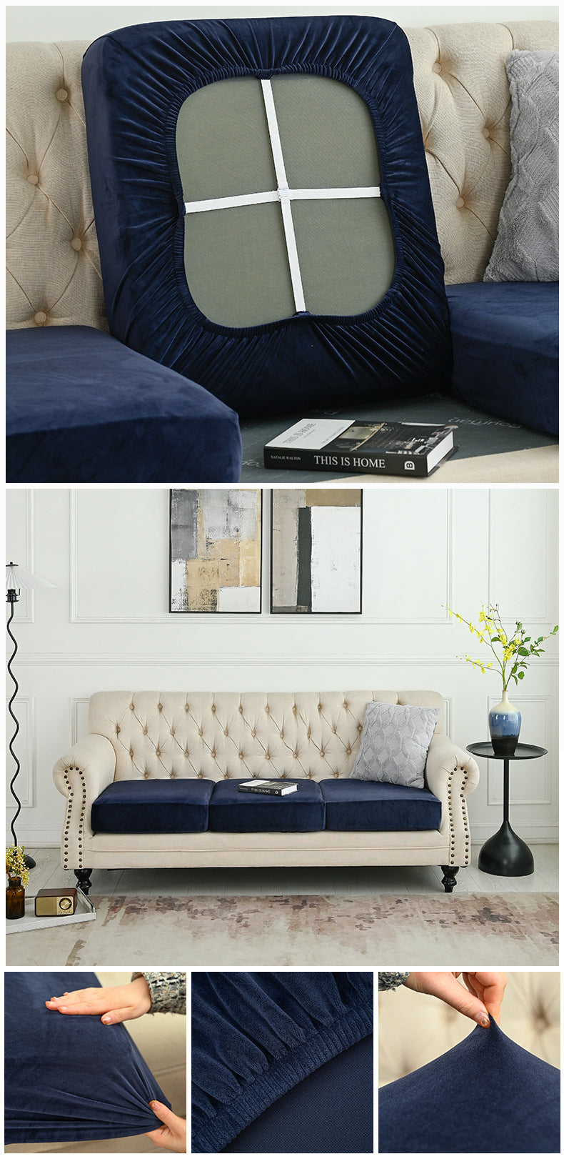 Navy fitted sofa cover with oval window panel and white cross-stitch detail