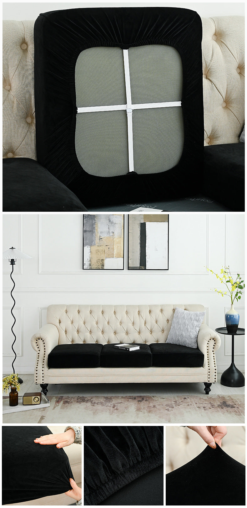 Fitted sofa cover with black surround and white window cross panel on backrest