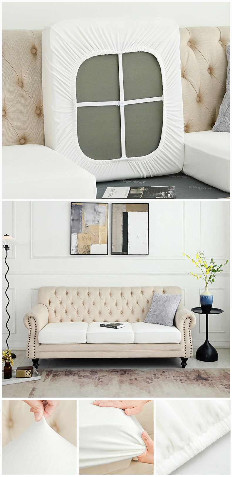 Cream sofa slipcover showing backrest window panel and arm/seat cover
