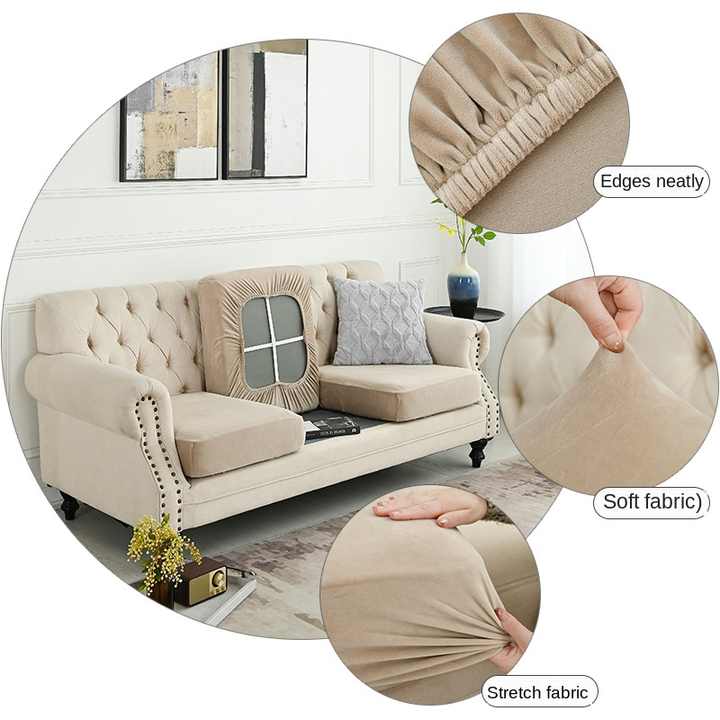 Cream sofa slipcover detail with fitted edges and soft stretchy fabric