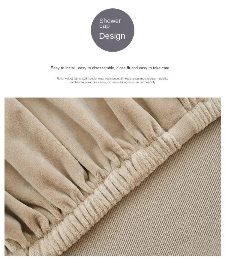 Cream sofa slipcover fabric close-up with ruffled elastic seam along bottom edge