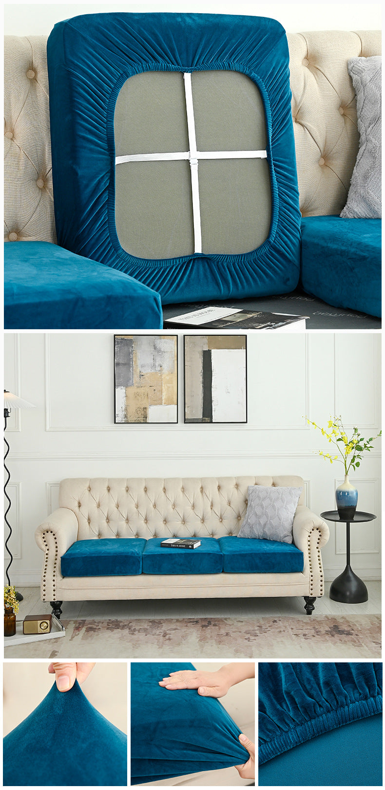 Peacock blue sofa cover fitted over arms and back with window-style panel