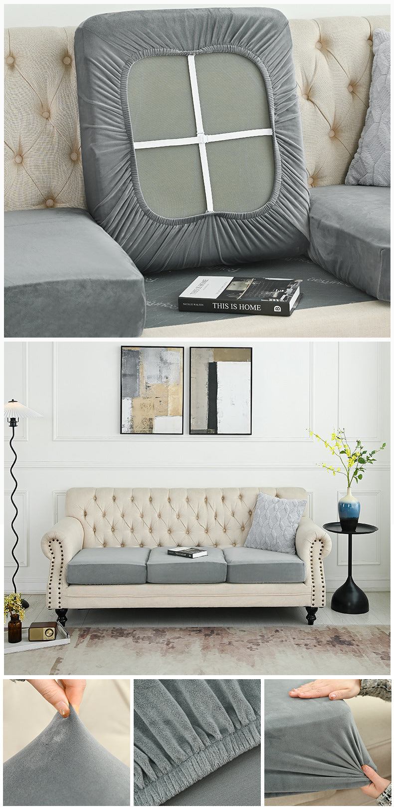 Grey sofa cover set with padded seat and back opening, shown from front close-up