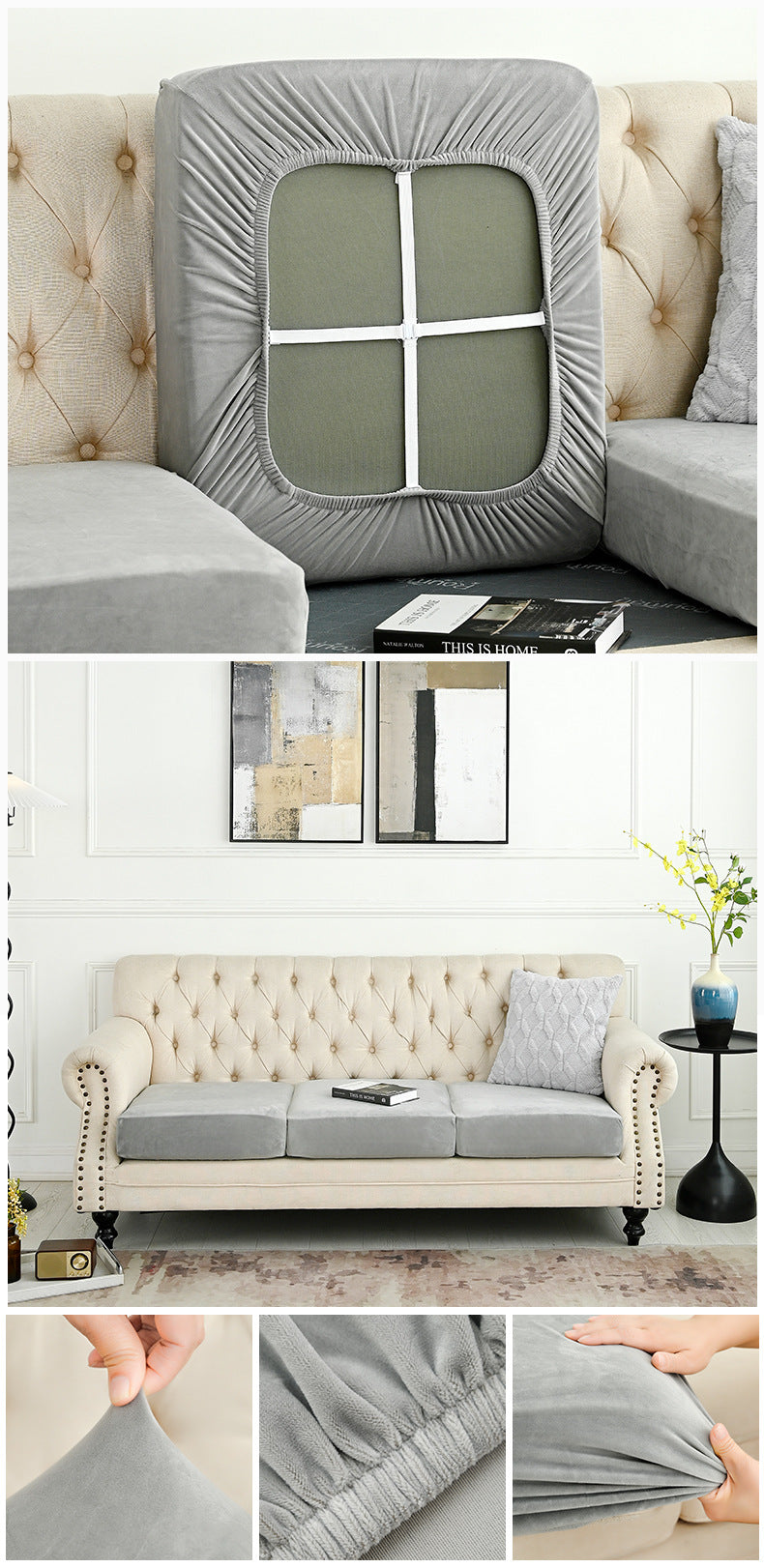 Light beige sofa cover back panel with window opening and fitted side sections