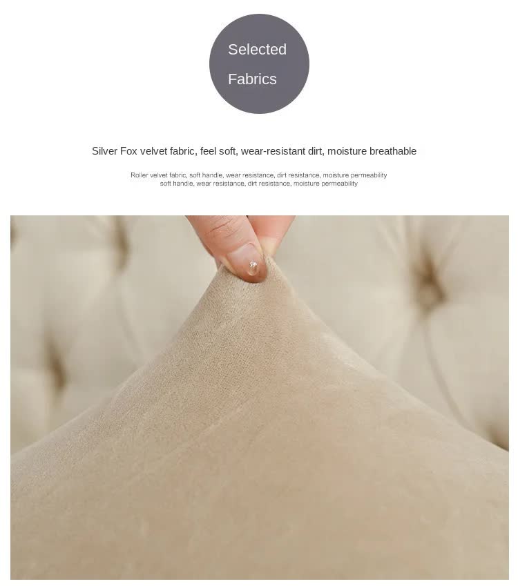 Light beige polyester sofa cover fabric stretched between fingers, smooth texture