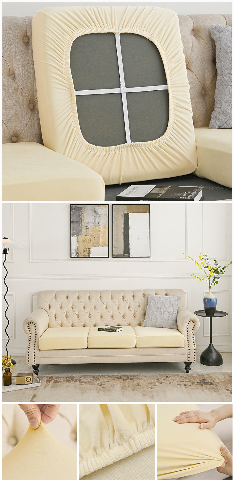 Beige sofa cover with oval window cutout and ruched edge around the back
