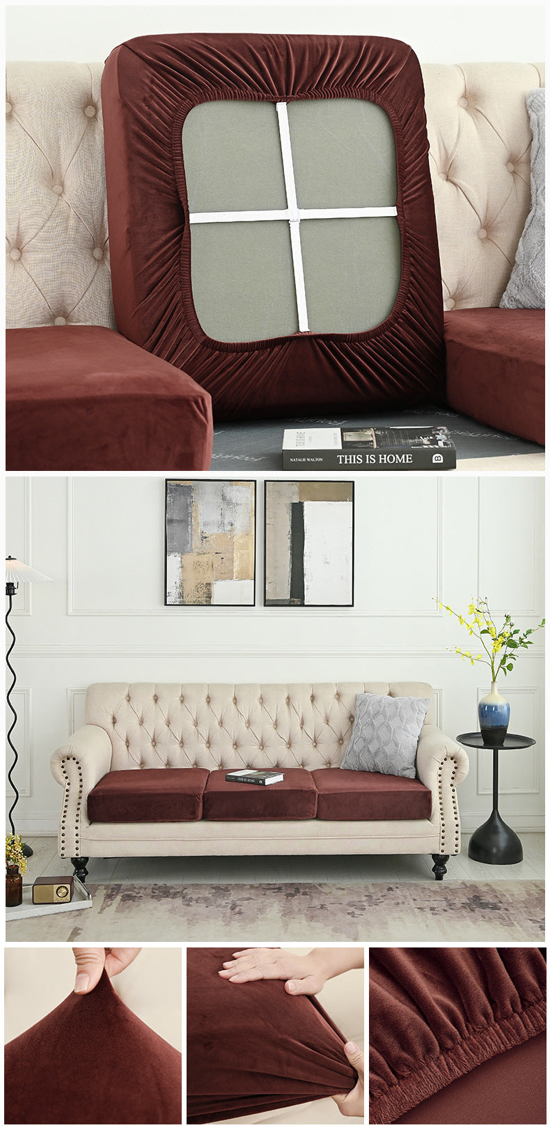 Two-piece sofa cover set: burgundy seat back panel with elastic trim