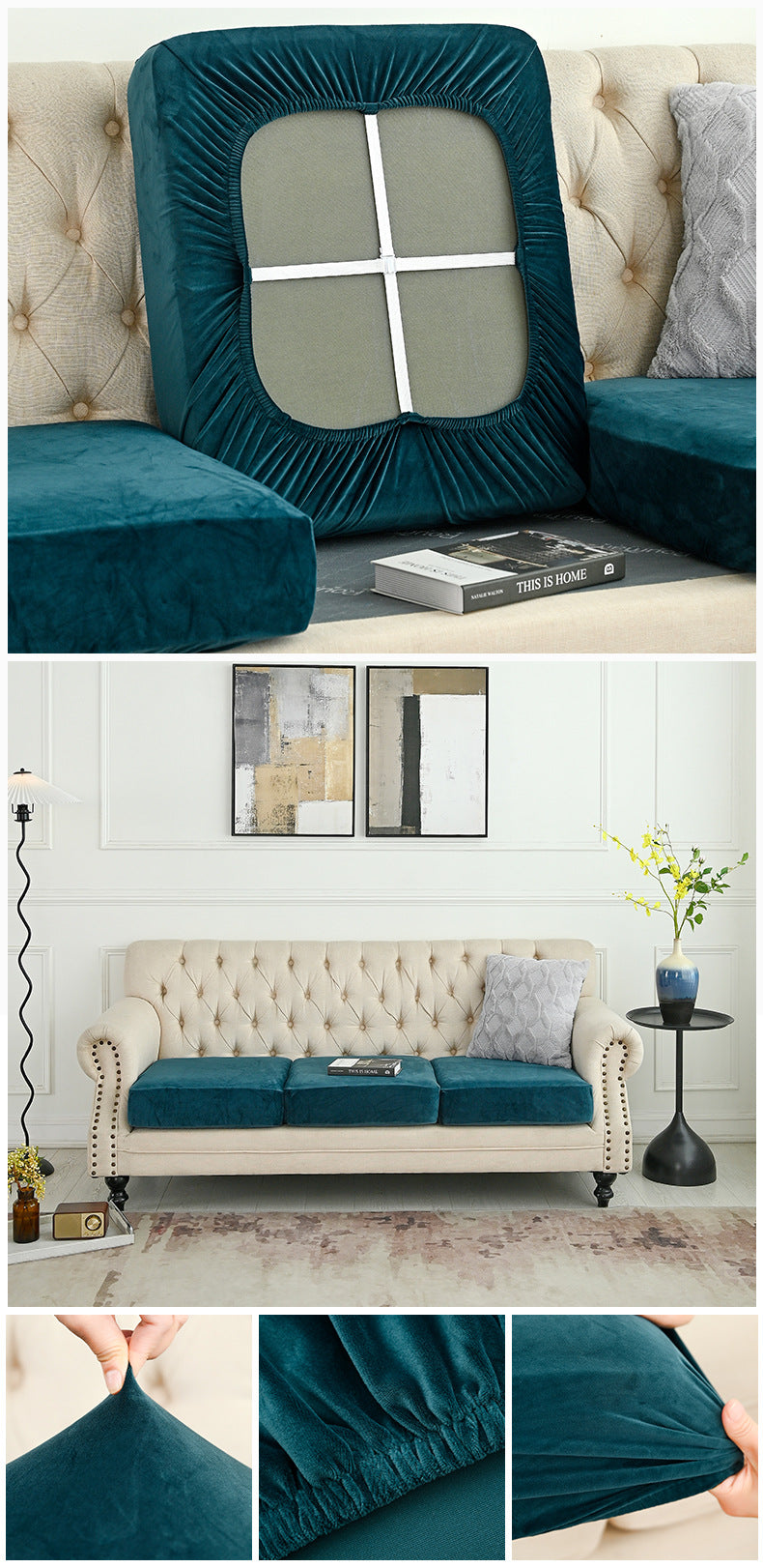 Sofa slipcover set in teal and beige with window-shaped back panels
