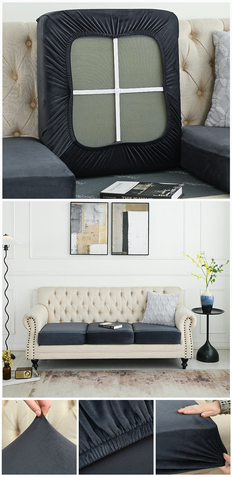 Dark gray sofa cover with square window panel and stitched crossbar on backrest.