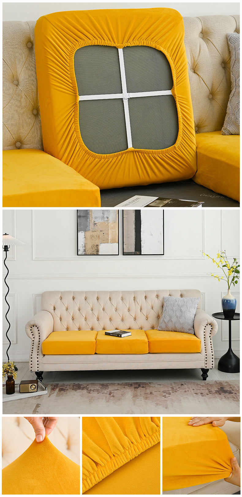 Yellow two-seat sofa cover slipcover with gathered backrest panel and fitted seat