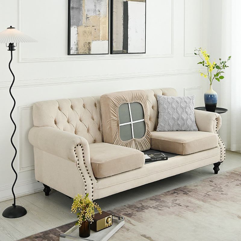 Khaki full sofa cover set, rounded back opening and gathered edge