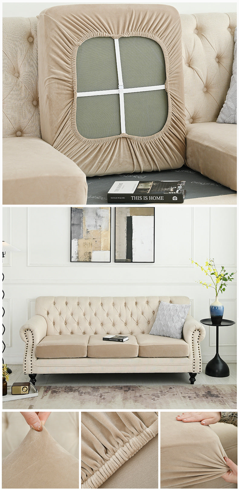 Khaki sofa cover with oval window panel and ruched border