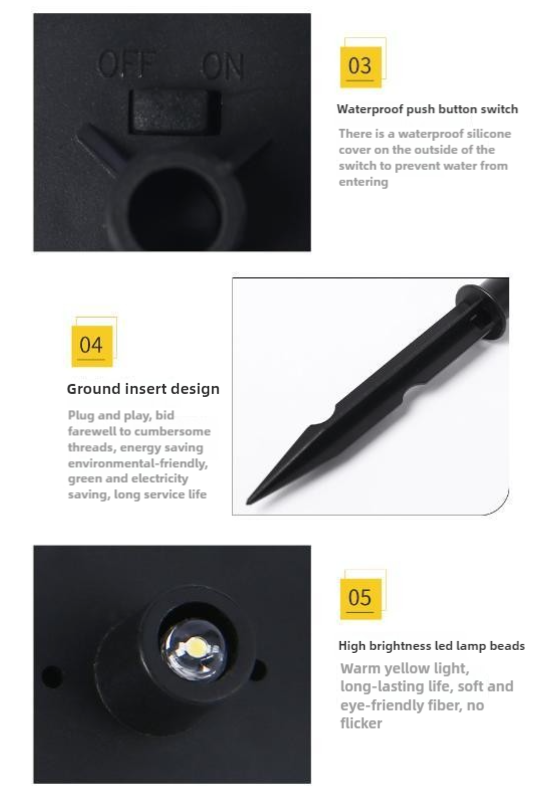 Solar stake light features: ON/OFF switch, ground spike, and LED lamp head