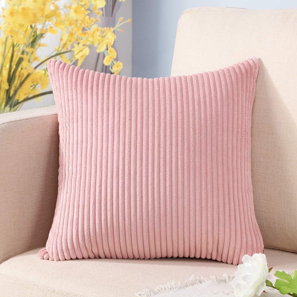 Pink Plush Striped Pillow Covers 45x45cm - Set of 4 Corduroy-Style Cushion Covers with Invisible Zipper, Soft and Washable for Sofa Decor