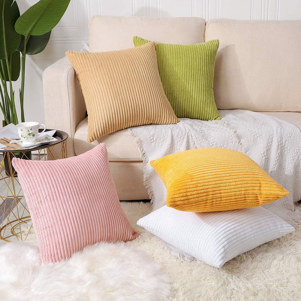 Green Plush Striped Pillow Covers 45x45cm - Set of 4 Corduroy-Style Cushion Covers with Invisible Zipper, Soft and Washable for Sofa Decor