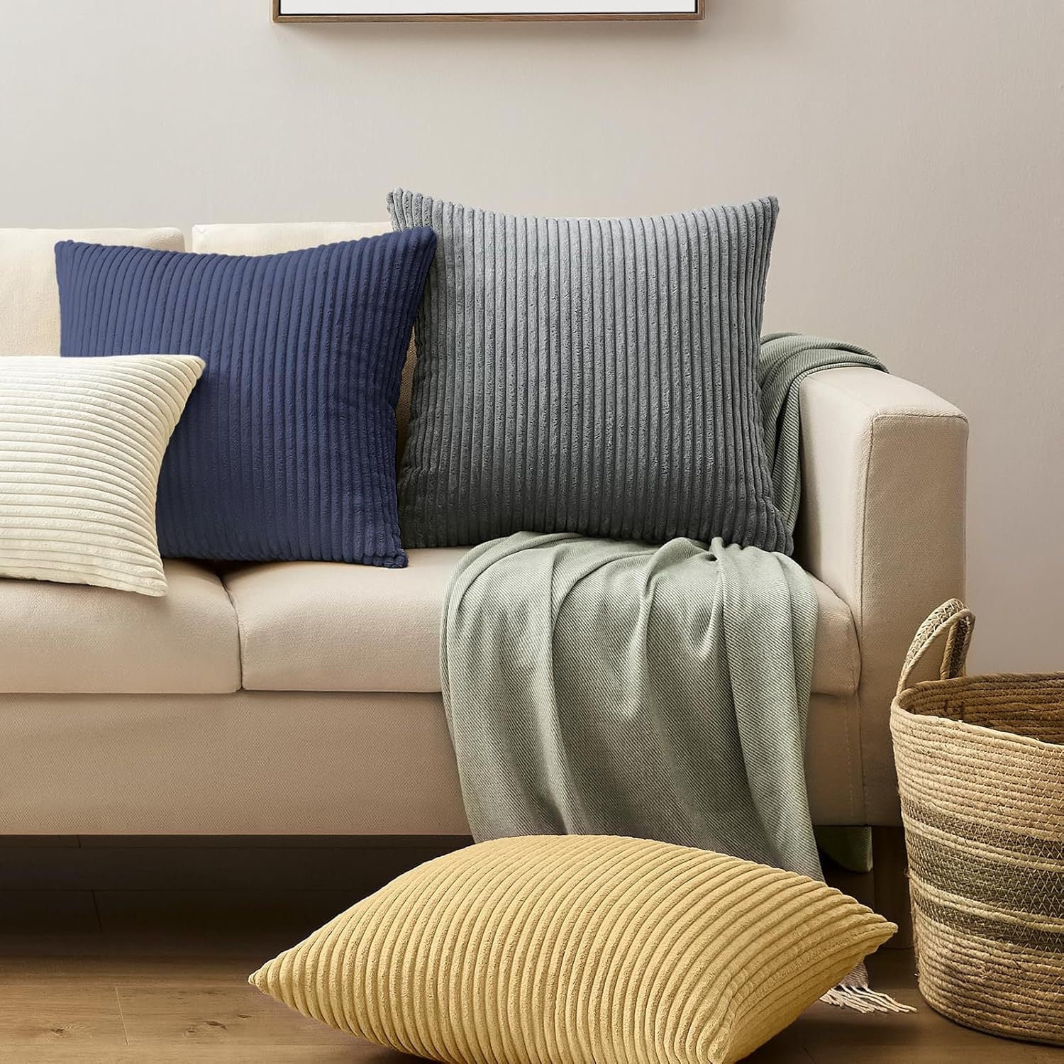 Green Plush Striped Pillow Covers 45x45cm - Set of 4 Corduroy-Style Cushion Covers with Invisible Zipper, Soft and Washable for Sofa Decor