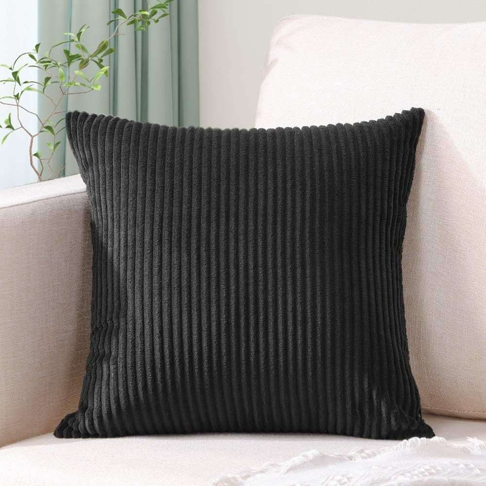 Black Plush Striped Pillow Covers 45x45cm - Set of 4 Corduroy-Style Cushion Covers with Invisible Zipper, Soft and Washable for Sofa Decor