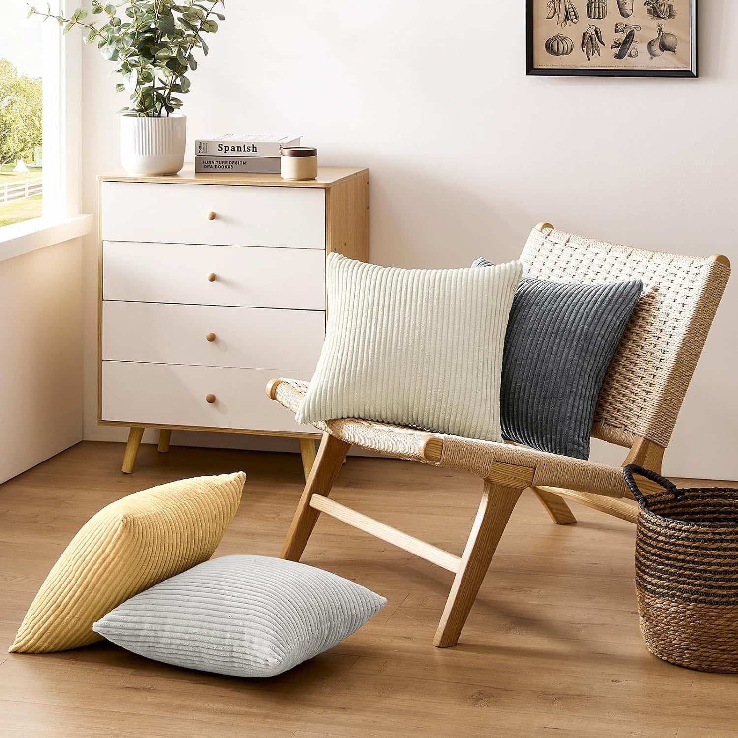 Dark Green Plush Striped Pillow Covers 45x45cm - Set of 4 Corduroy-Style Cushion Covers with Invisible Zipper, Soft and Washable for Sofa Decor