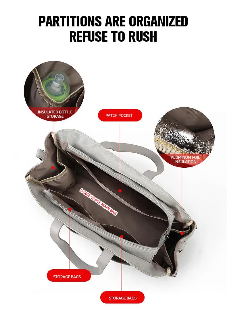 Open diaper bag interior with insulated bottle storage, patch pocket, and organizer sections
