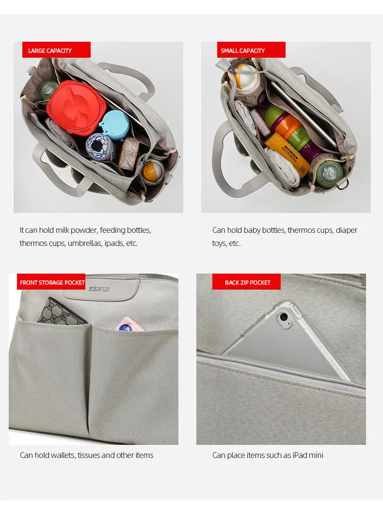 Diaper bag interior with front pocket, back zip pocket, and organized compartments