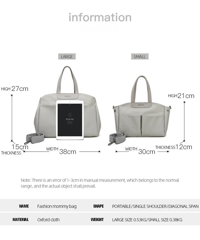 Grey diaper tote bag size diagram with dimensions for large and small