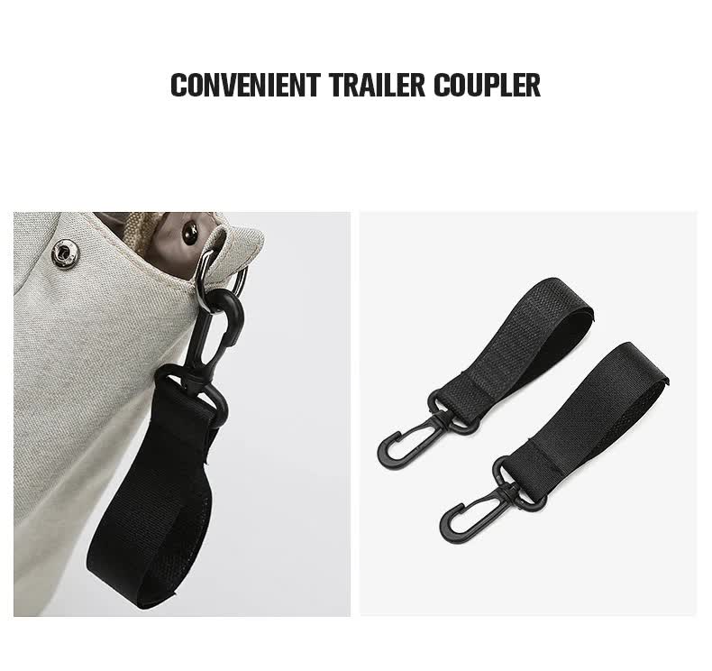 Diaper bag trailer coupler straps with metal clips and adjustable webbing loops