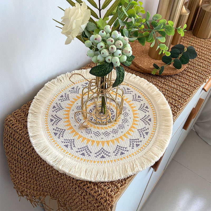 Boho woven cotton placemat, round multicolor mandala print with cream tassel fringe