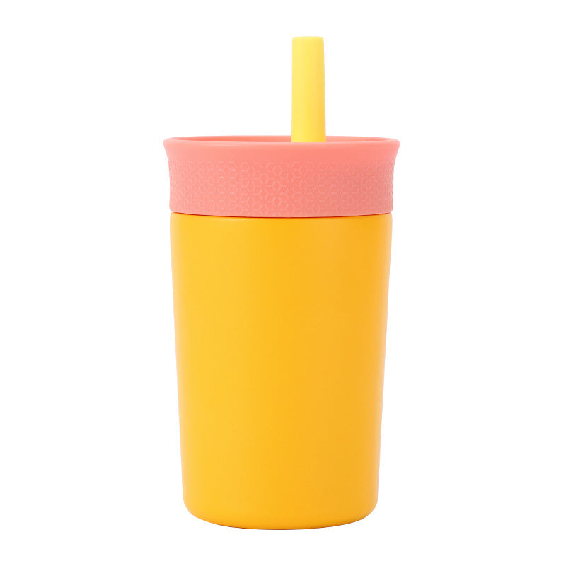 Yellow insulated tumbler with translucent lid and straw, 12 oz size.