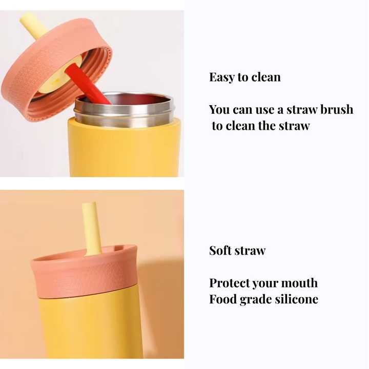 Yellow insulated tumbler with open lid and matching straw, stainless interior visible.