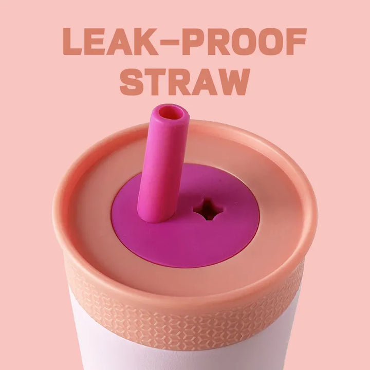 Insulated tumbler lid showing leak-proof straw opening with purple straw.