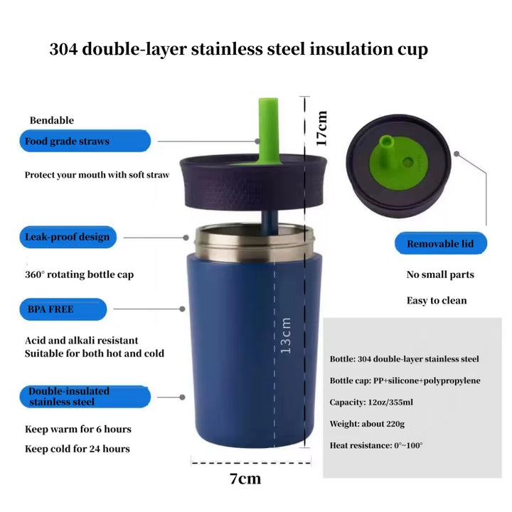 Insulated stainless steel tumbler with green straw and removable lid, double-wall cup.
