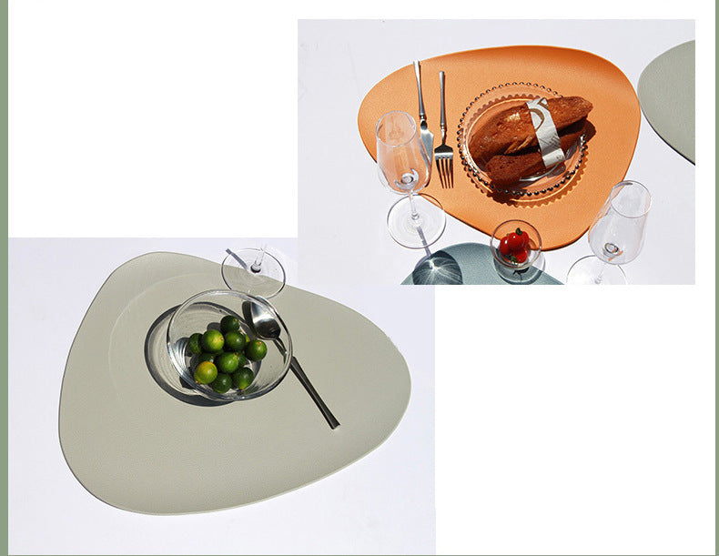 Triangular PVC placemat set of 4 in muted light green, leather-look pebbled surface