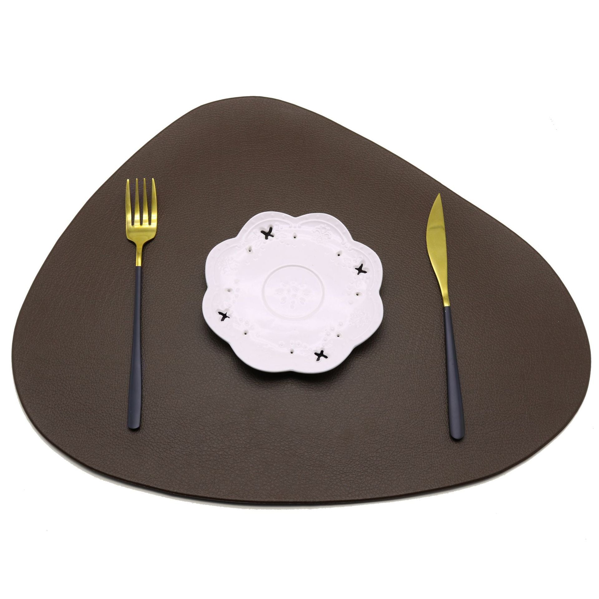 Triangular brown placemat with decorative white center motif.