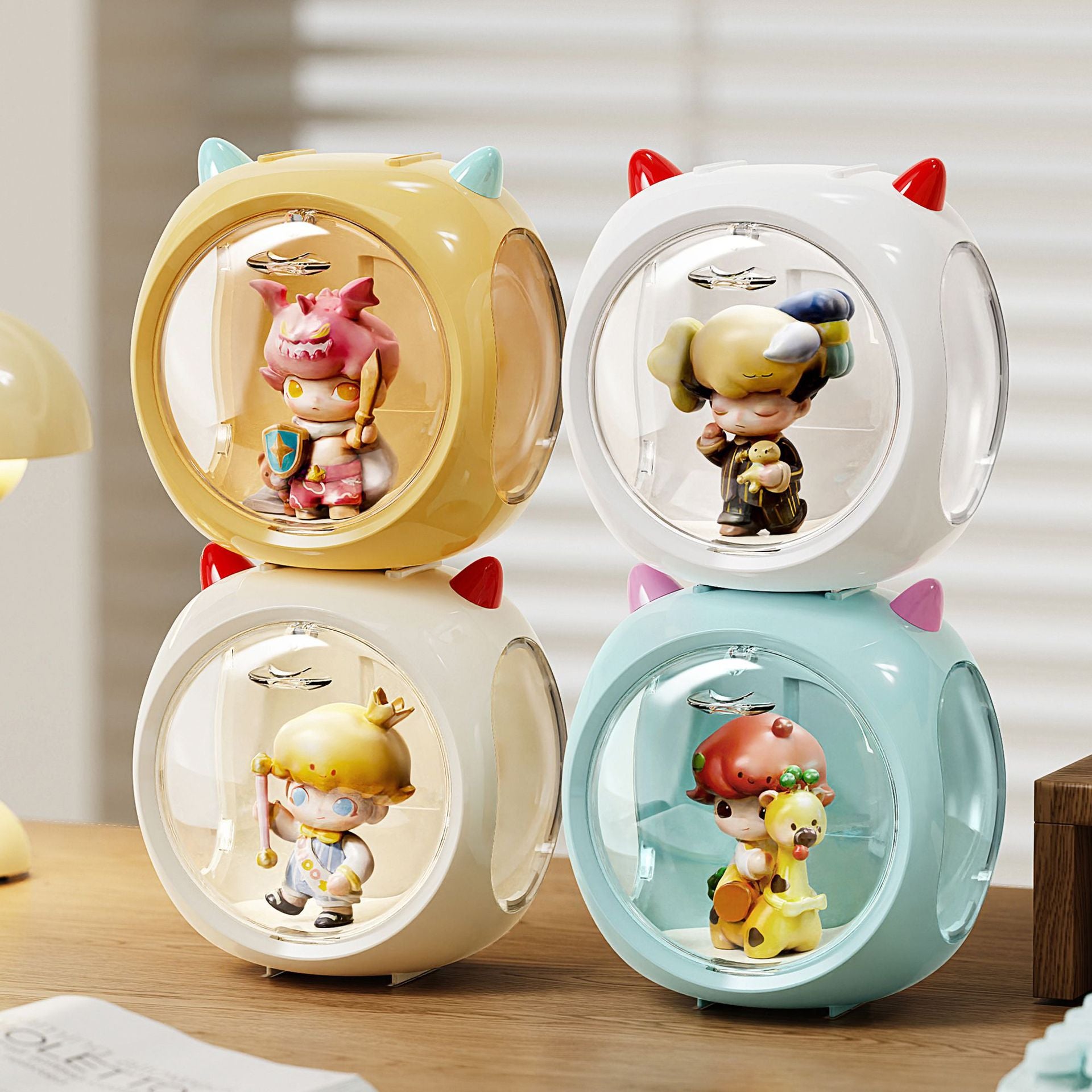 Beige And Red Horn Acrylic Blind Box Display Case - Transparent Dustproof Storage for Figures and Collectibles(The model is a shooting prop and is not included)