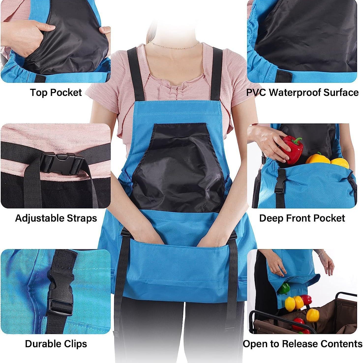 Blue Garden Harvesting Apron - Waterproof Oxford Cloth with Quick Release Pouch