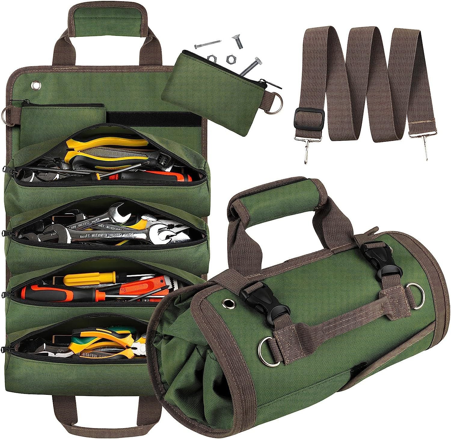 Green Heavy Duty Roll-Up Tool Bag Organizer - Waterproof Oxford Fabric Pouch with Multiple Pockets