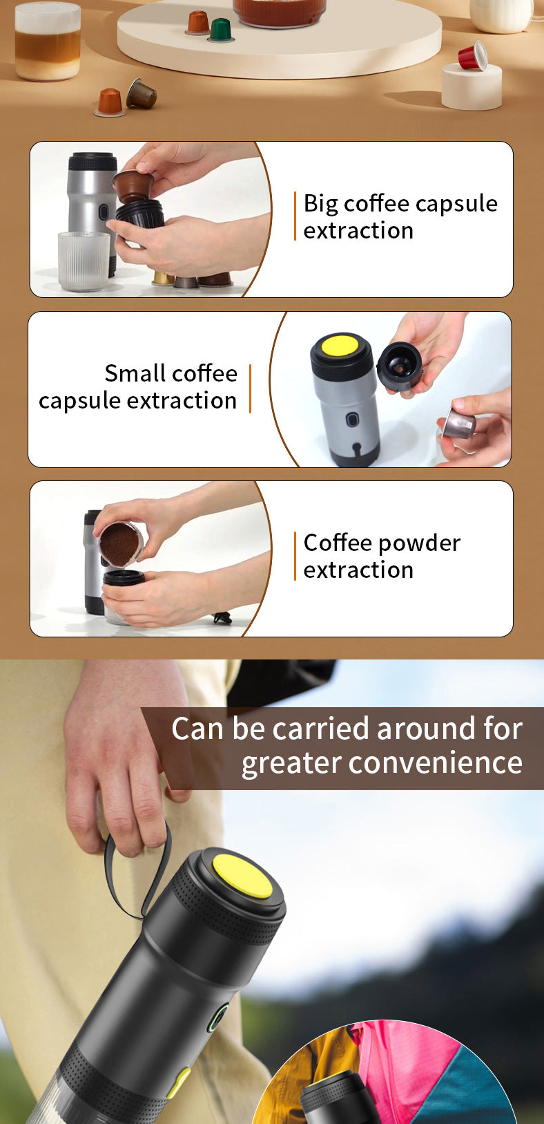 Silver 3-in-1 Portable Electric Espresso Maker - Rechargeable Travel Coffee Machine for Capsules & Ground Coffee
