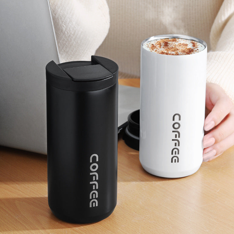 Black Sleek Insulated Stainless Steel Coffee Tumbler Set (400ml & 500ml) - One-Touch Lid Travel Mugs