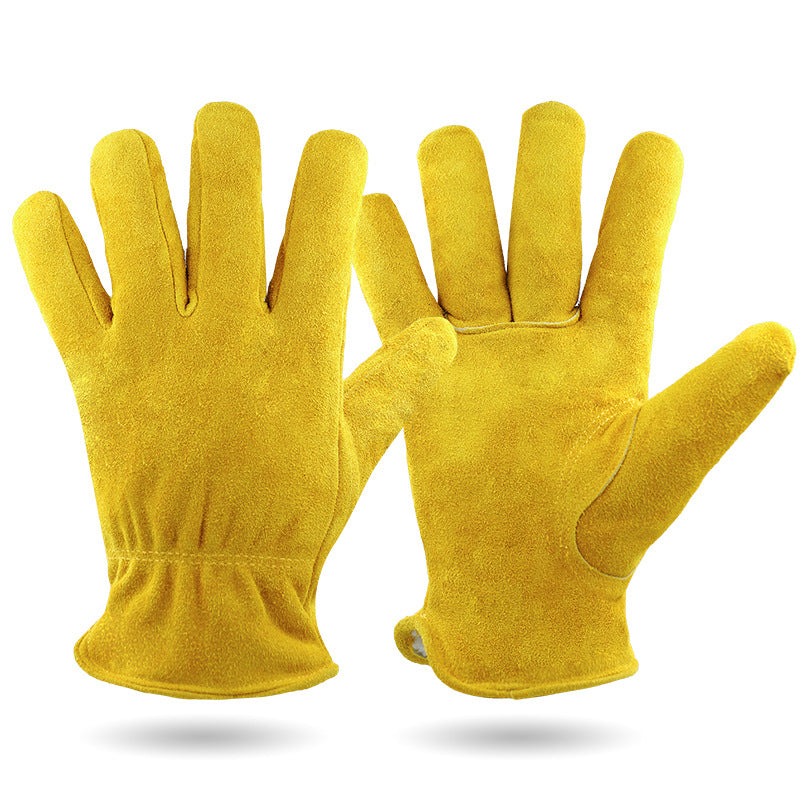 Yellow cowhide work gloves with elastic cuffs and full fingers