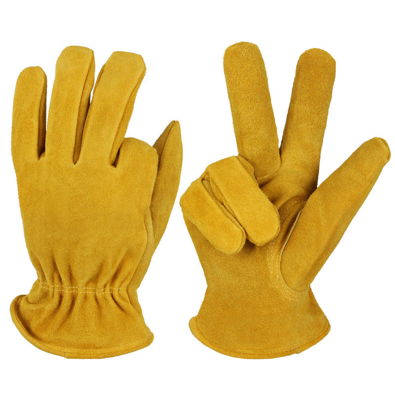 Yellow insulated work gloves, one back view and one palm view with elastic cuffs