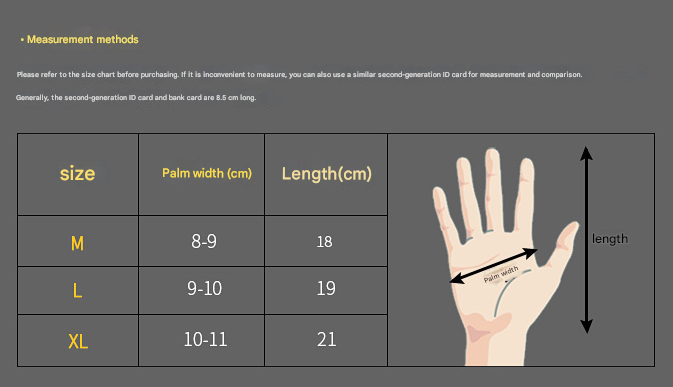 Gloves size chart showing size M–XL with palm width and length measurements