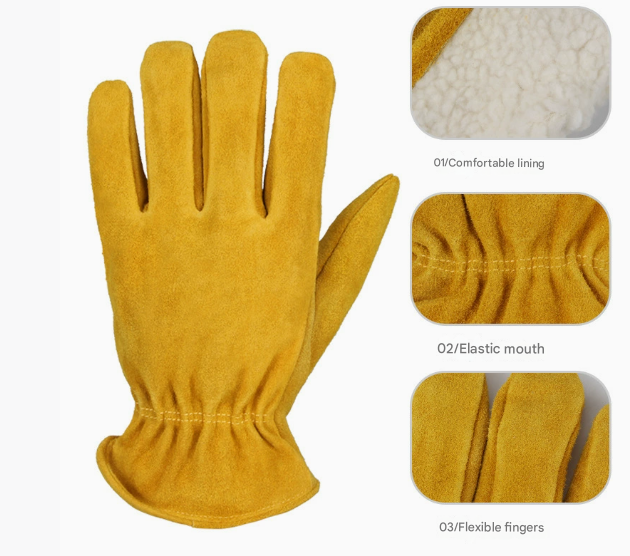 Yellow suede work gloves with fuzzy lining, elastic wrist cuff and flexible fingers