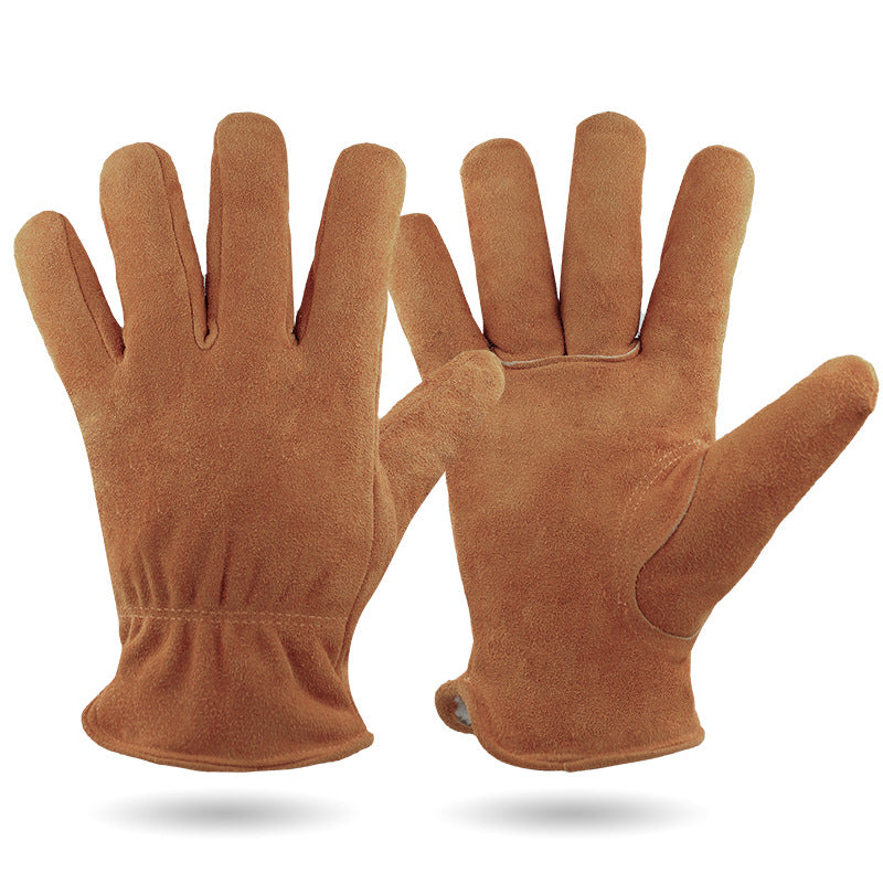 Cowhide work gloves in tan brown with sewn fingers and elastic cuff, pair front view