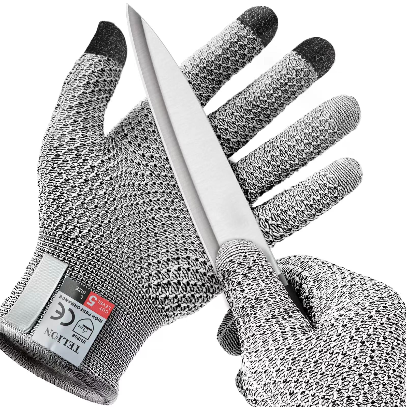 Grey 3-Pack Cut Resistant Gloves (Level 5 Protection) - Pineapple Grip, Touchscreen Compatible, Food Safe for Kitchen, Butcher & Fish Cleaning - One Size Fits Most