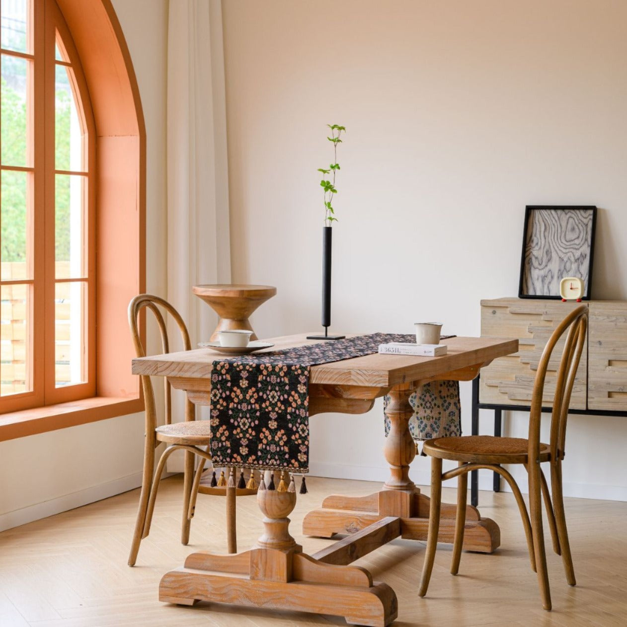 Jacquard Black With Plum Blossom 33-180cm Elegant Geometric Jacquard Table Runner with Tassels - Modern Dining & Coffee Table Decor