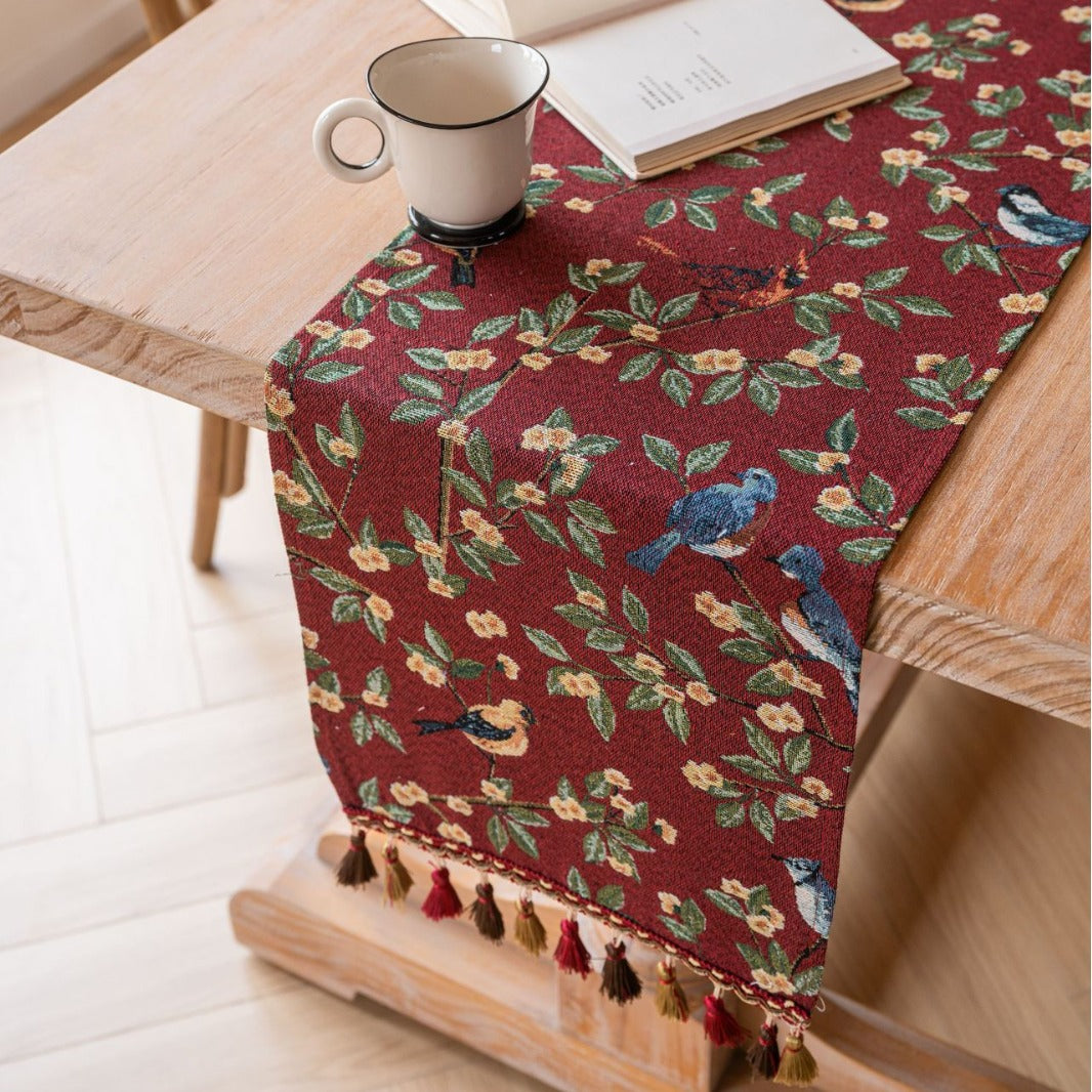 Jacquard Date Red Two Orioles 33-180cm Elegant Geometric Jacquard Table Runner with Tassels - Modern Dining & Coffee Table Decor
