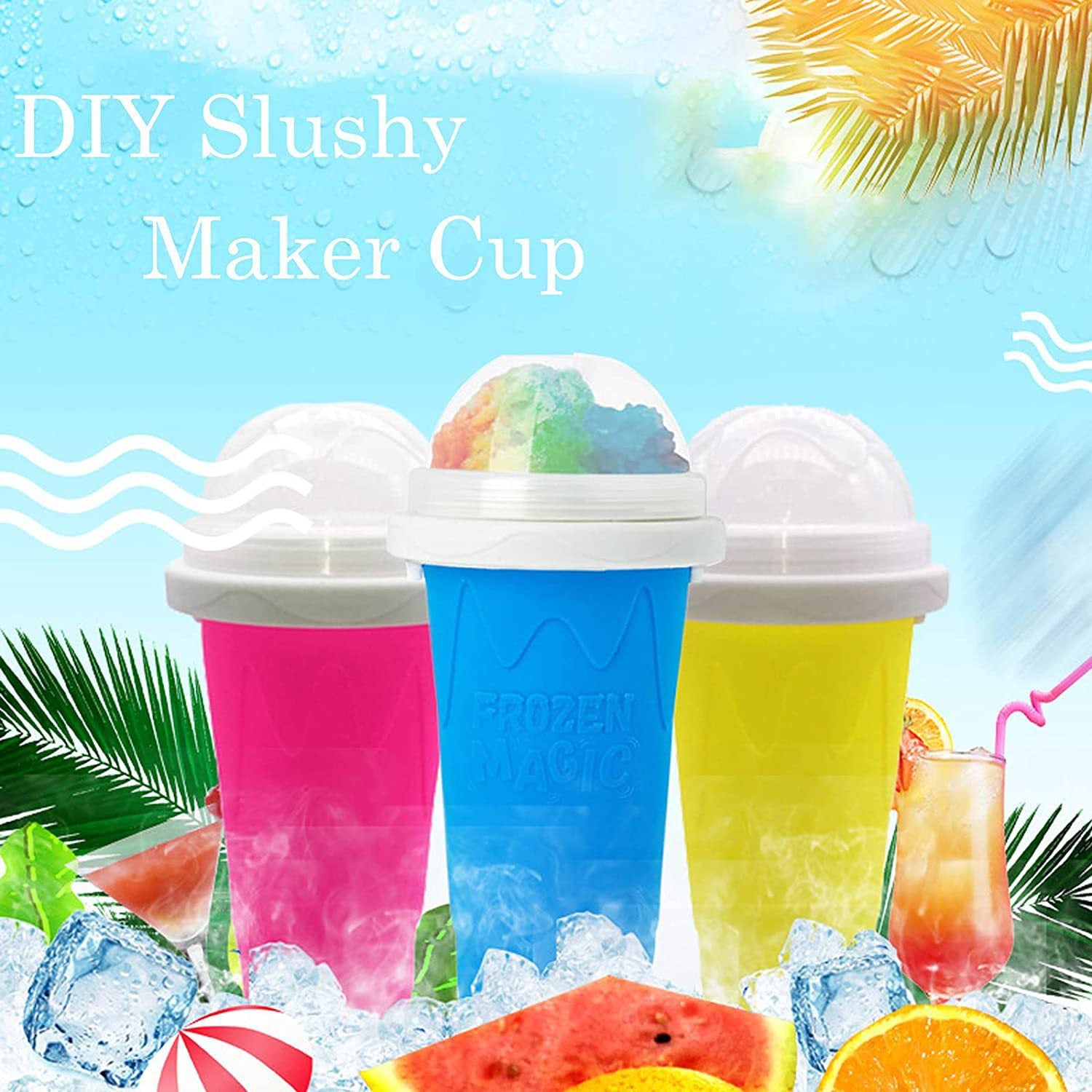 DIY Frozen Magic Slushy Maker Cup - Quick Squeeze Smoothie Cup with Lid & Straw/Spoon(Yellow)
