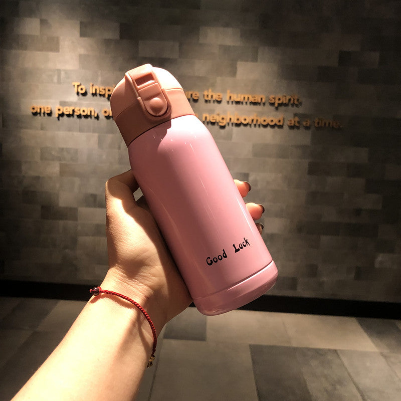 Good Luck Mini Stainless Steel Thermos Flask - 350ml Leakproof Insulated Bottle with Pop-Up Lid & Strap(pink)